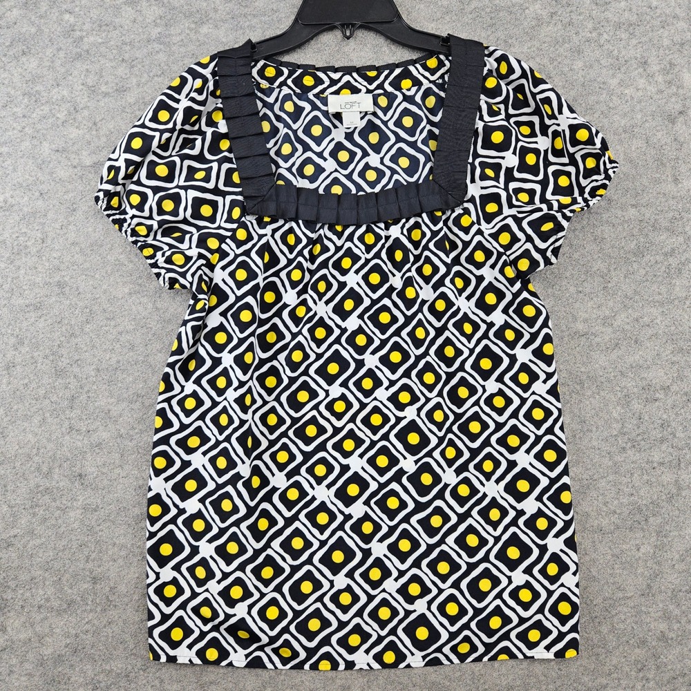 Ann Taylor LOFT Blouse Womens Medium M Navy Yellow Geometric Pleated Puff Sleeve